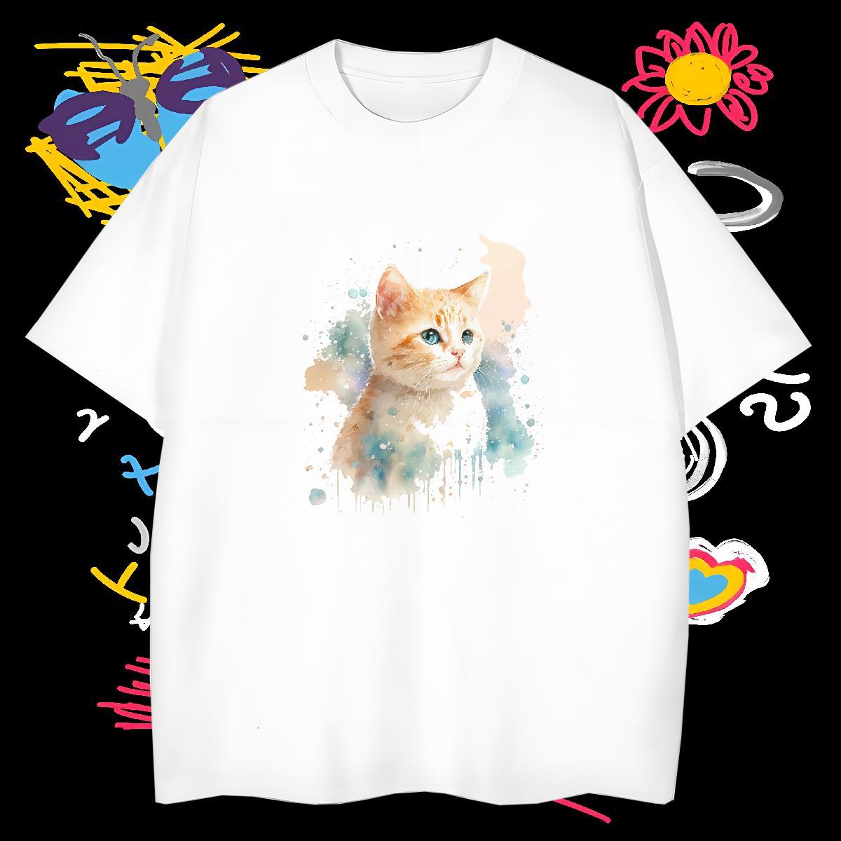 Man T Shirts 230g 100% Cotton cat High Street Hip Hop O-Neck Short Sleeve Custom Printed Mens Tshirts 2024 New Loose Tee Shirt