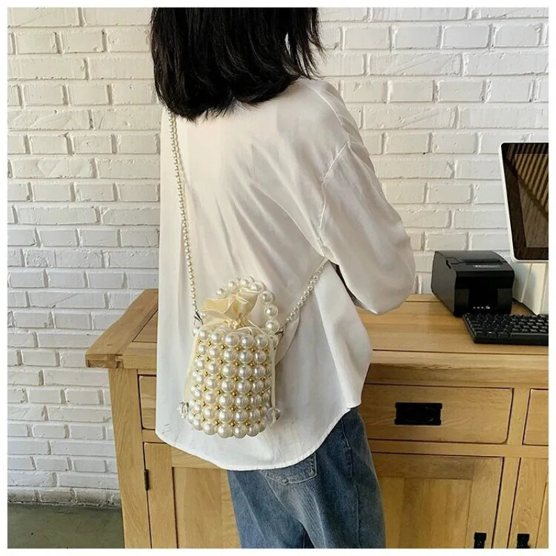 selling womens handmade pearl shoulder bag trend black bucket stone wallet wedding evening handbag 240806Z