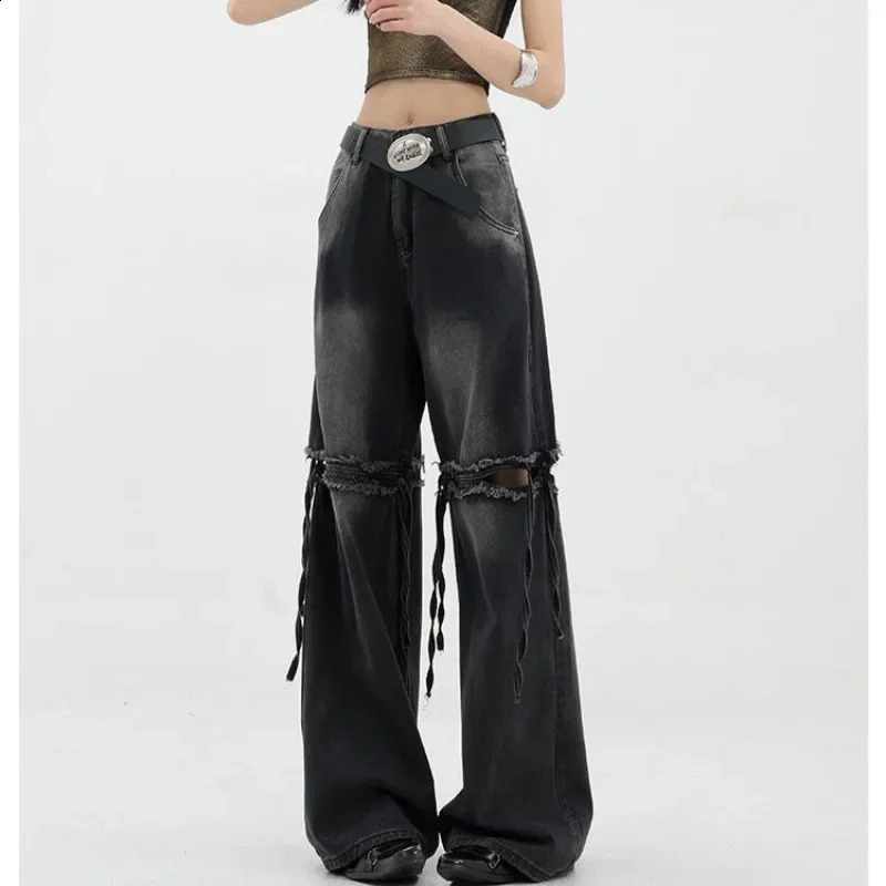QWEEK Y2k Baggy Ripped Jeans Women Vintage Harajuku America High Waist Black Denim Pants Korean Wide Leg Streetwear Trousers 240806