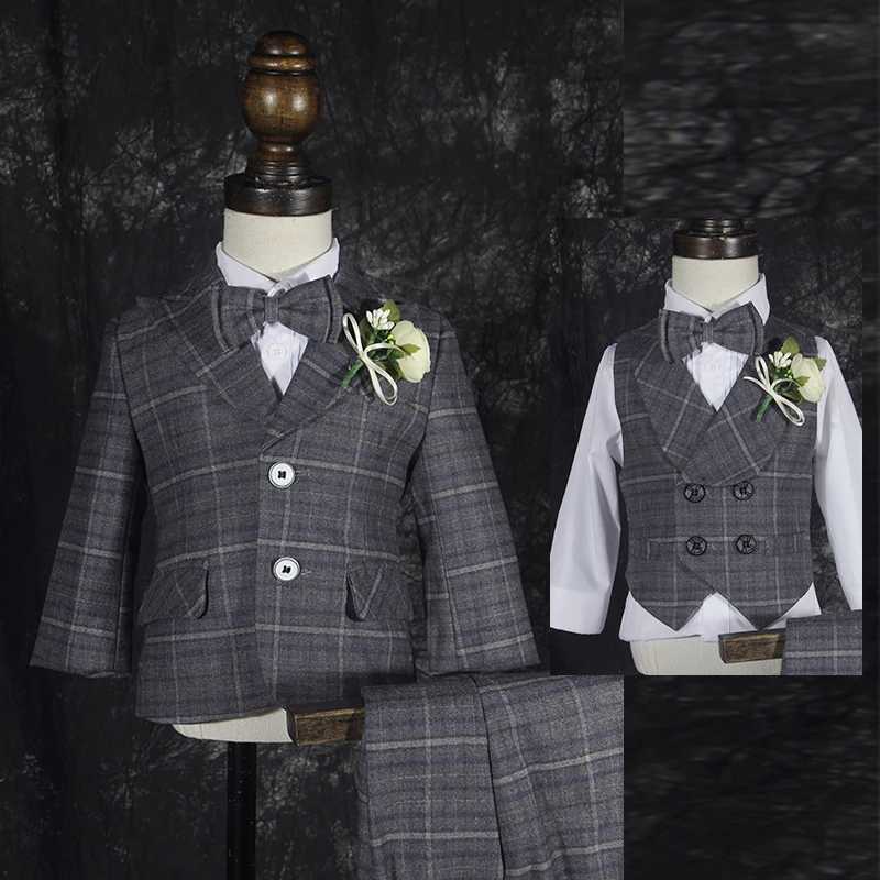 Suits Child Foraml Plaid Wedding Dress Set Autumn Winter Baby Boys Birthday Party Performance Clothes Kids Blazer Vest Pants Bowtie