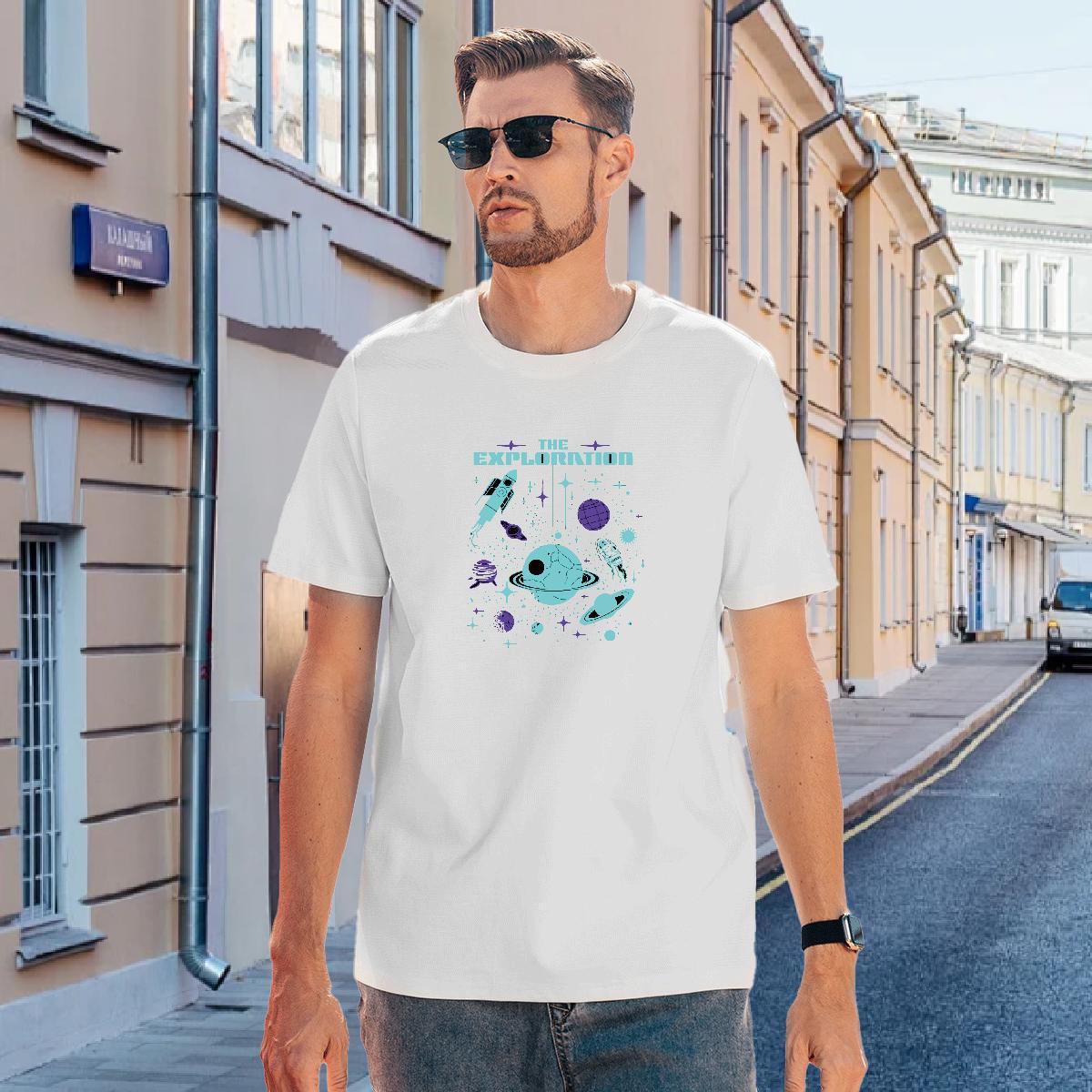 T-Shirts 100% Cotton 230g planet High Street Hip Hop Round Neck Short Sleeve Cartoon Printing L-4XL Men Tshirts Brand Loose Wear