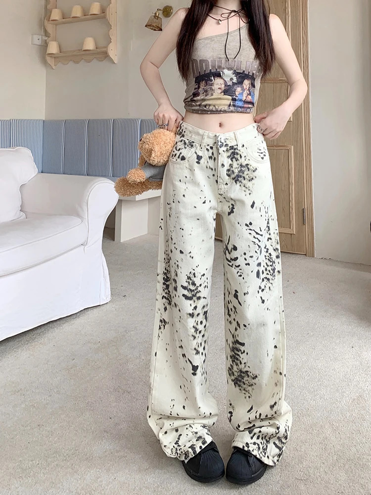 WCFCX STUDIO American Retro Trendy Leopard Print Jeans Womens High Street Straight Trousers Harajuku Style Baggy Casual Pants 240806