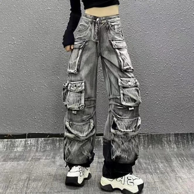 Women Jeans Denim Distressed Multi Pocket Washing Cargo Pants Casual Low Waist Zipper Fly Winter Gradient Slight Strech 240806