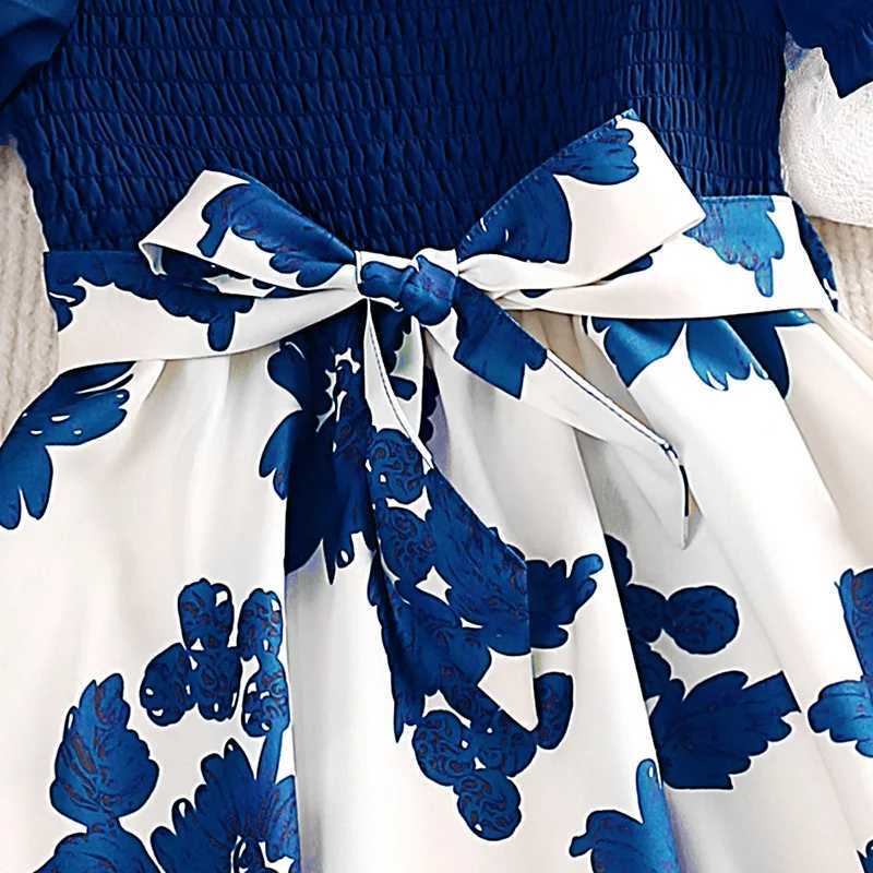 Girl Dress Summer New Sweet Printing Patch Work Bubble Sleeve Blue Princess Dress Birthday Party Dress Girl Baby ClothingW240720