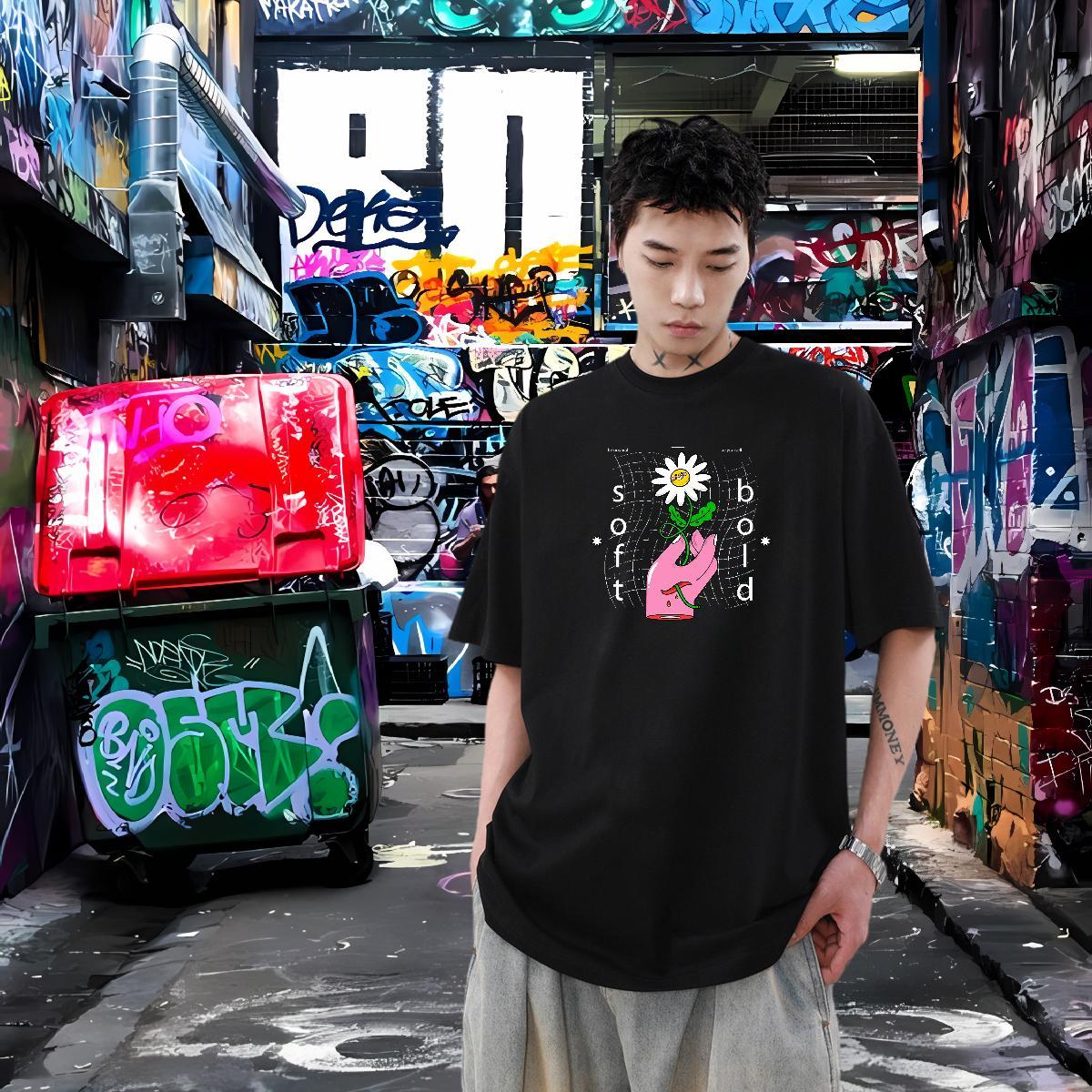 Free Shipping Mens T Shirts 230g Cotton flower Street Tees Shirts Short Sleeve O-Neck Loose Men Clothes T-Shirt Custom Anime