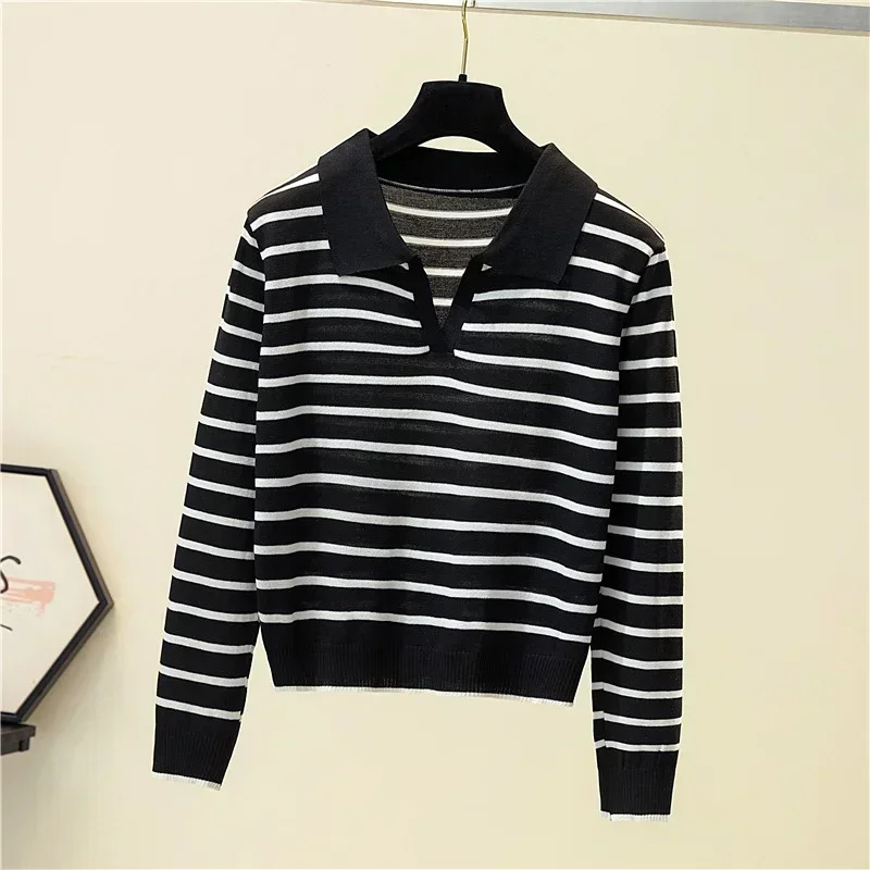 Striped V-neck Pullover Polo Sweater Womens Early Autumn Casual All-match Tops Long-sleeved Knitted Bottoming Sweaters Jumpers 240806