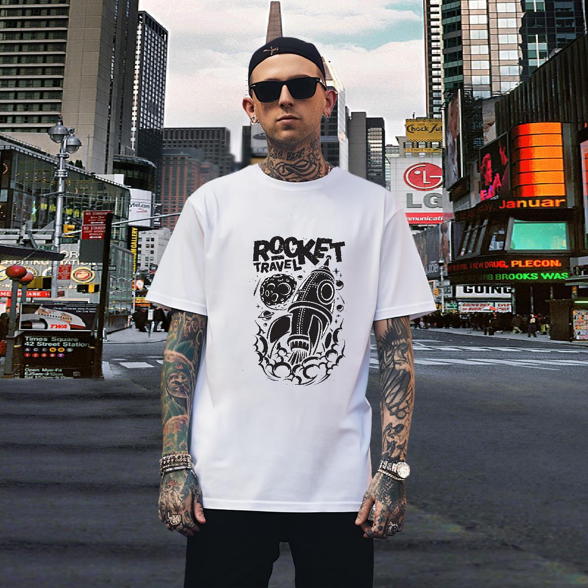 Men T Shirts 230g Pure Cotton rocket Outdoor Round Neck Short Sleeve Graphic Men Clothes T-Shirt Brand Loose Tees