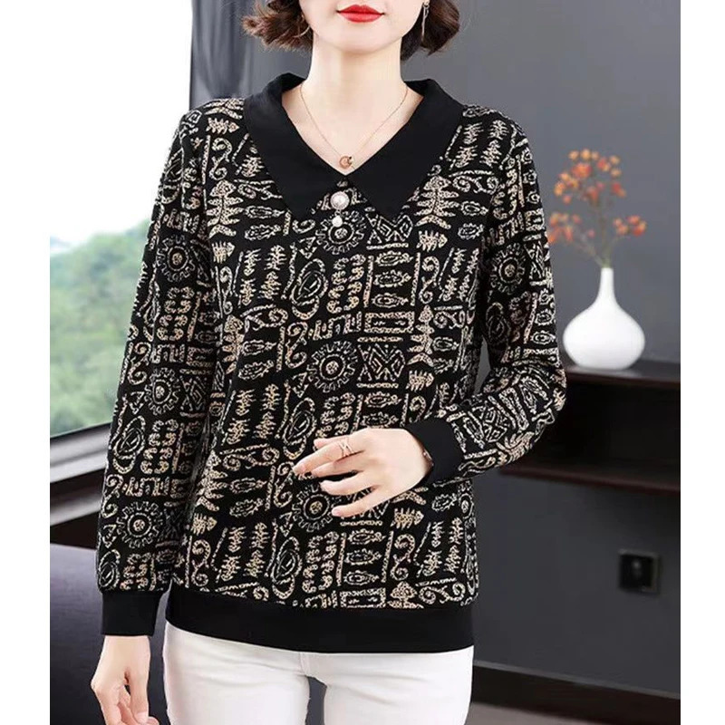 Womens Clothing Spring Autumn Fashion Print Elegant Cotton T-shirts Polo Collar Long Sleeve Loose Pullover Y2K Tops Female 240806