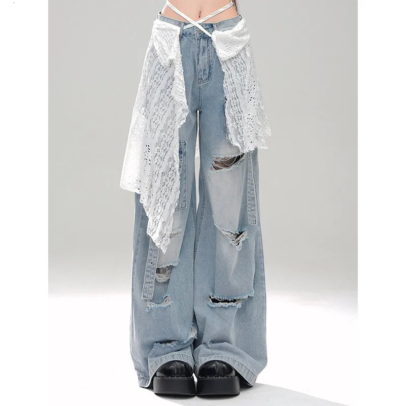 High Waist BlueWomens Jeans Vintage Straight Baggy Denim Pants Streetwear American Style Cargo Plus Size Wide Leg Denim Trouser 240806