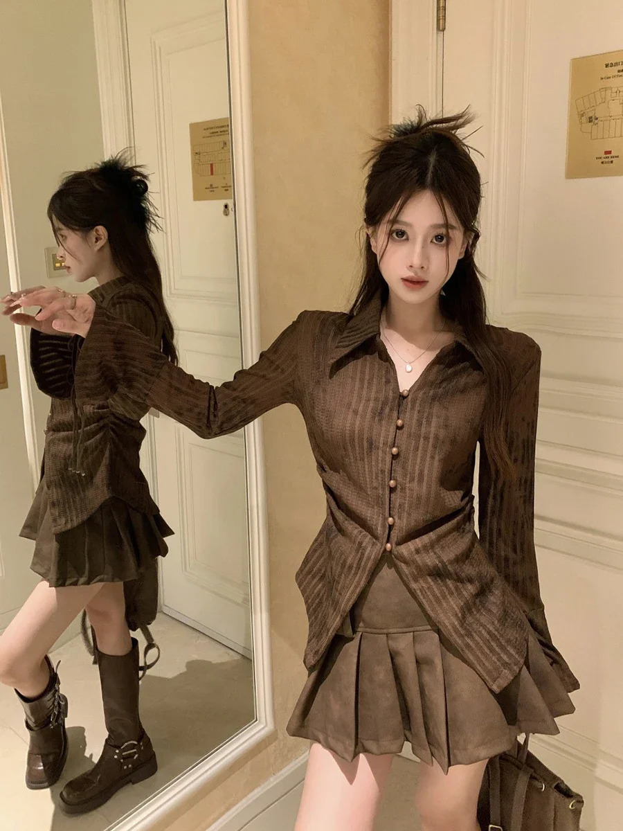 Womens striped shirt 90s Y2k retro Korean Harajuku 2000s elegant and fashionable long sleeved polo neck shirt autumn clothing 240827