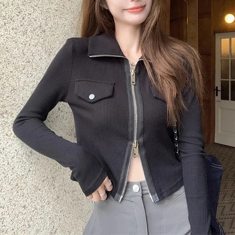 Spring and Autumn Womens Fashion Polo Collar Zipper Long Sleeve T-shirt Y2K Womens Black Grey Ultra Thin Fashion Sexy Crop Top 240827