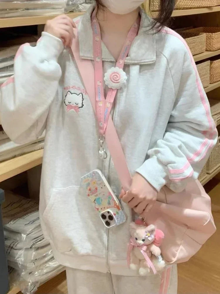 HOUZHOU Japanese Fashion Kawaii Zipper Hoodie Women Harajuku Cute Pink Cat Embroidery Oversized Hooded Sweatshirt Winter 240806