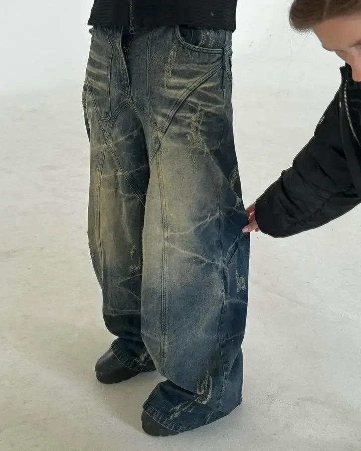 Ripped Jeans for Women Retro Distressed High Waisted Baggy Jeans Y2k Punk Hip Hop Wide Leg Straight Denim Pants Mens Streetwear 240806