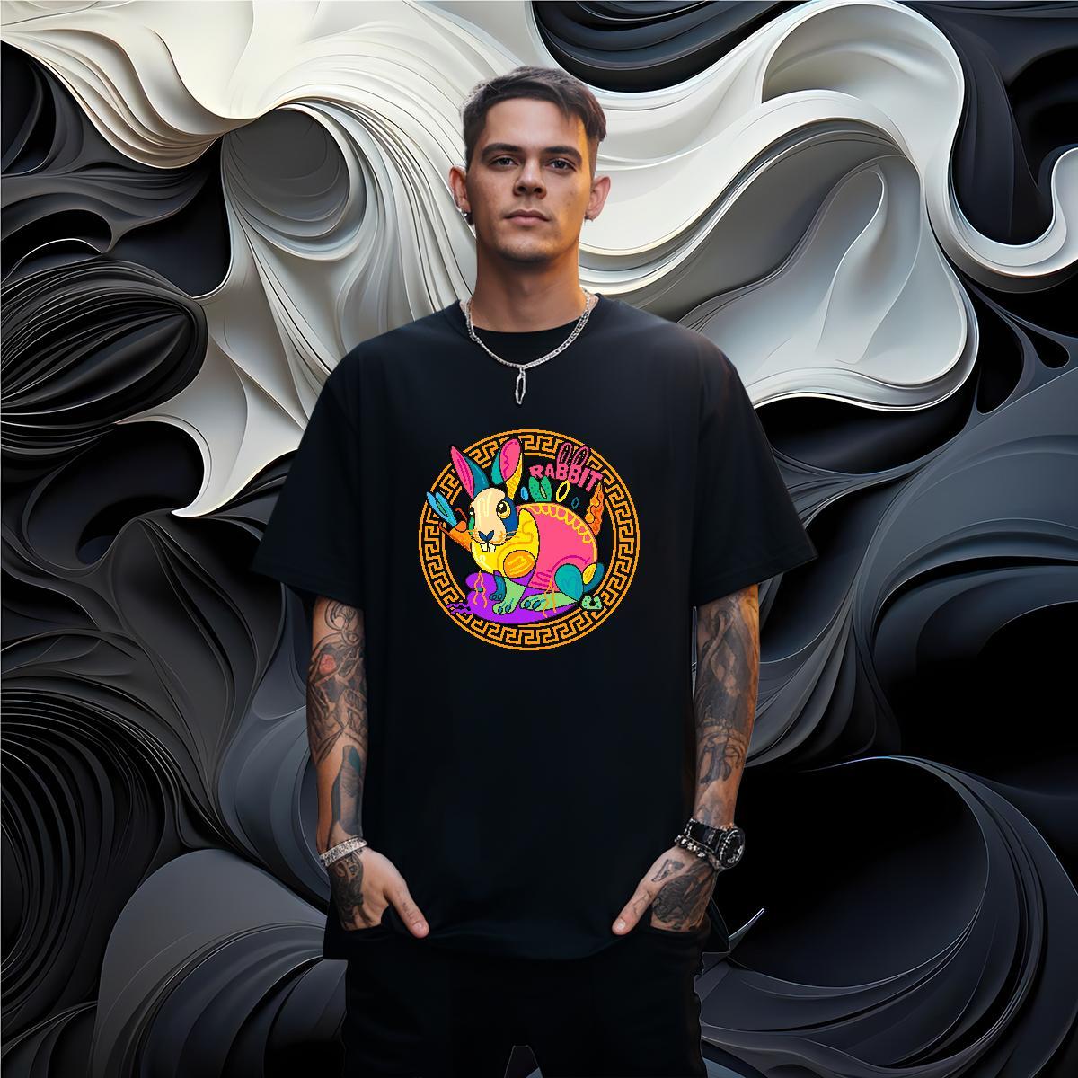 Free Shipping T Shirts Men 230g Cotton rabbit Home Outdoor Tops Tees Crew Neck Breathable Comfortable Mens Tshirts Black Oversized