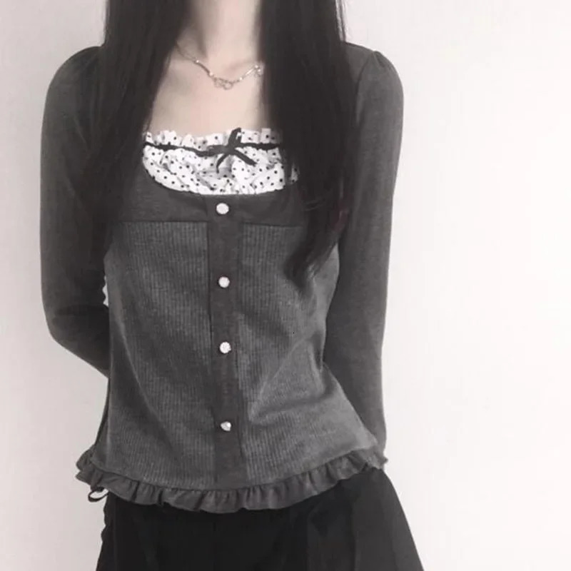 Y2K Polka Dot Print Contrast Patchwork Knitted Tops Grey Autumn Spring Cute Bow T-shirts Slim-fit Long Sleeve Knitwear 240806