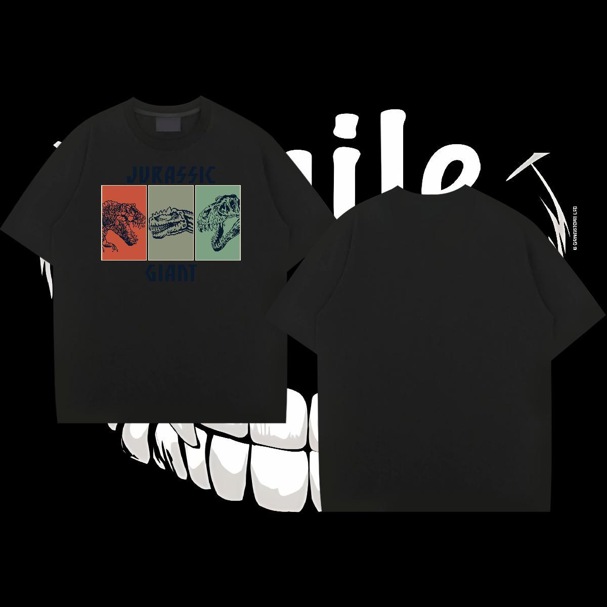 New Men T Shirts 230g Pure Cotton dinosaur Street wear Hip Hop Tops Shirt Breathable Crew Neck Loose Fit Men Tees Oversized