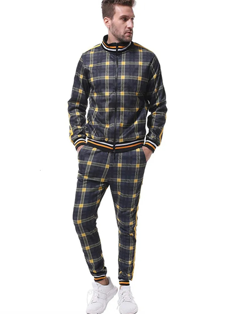 American Mens suits autumn leisure fiess sportswear long-sleeved zip-up large-size grid clothing 240806