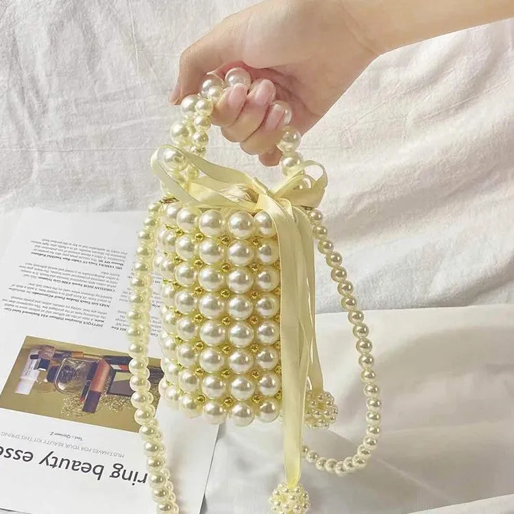 selling womens handmade pearl shoulder bag trend black bucket stone wallet wedding evening handbag 240806Z