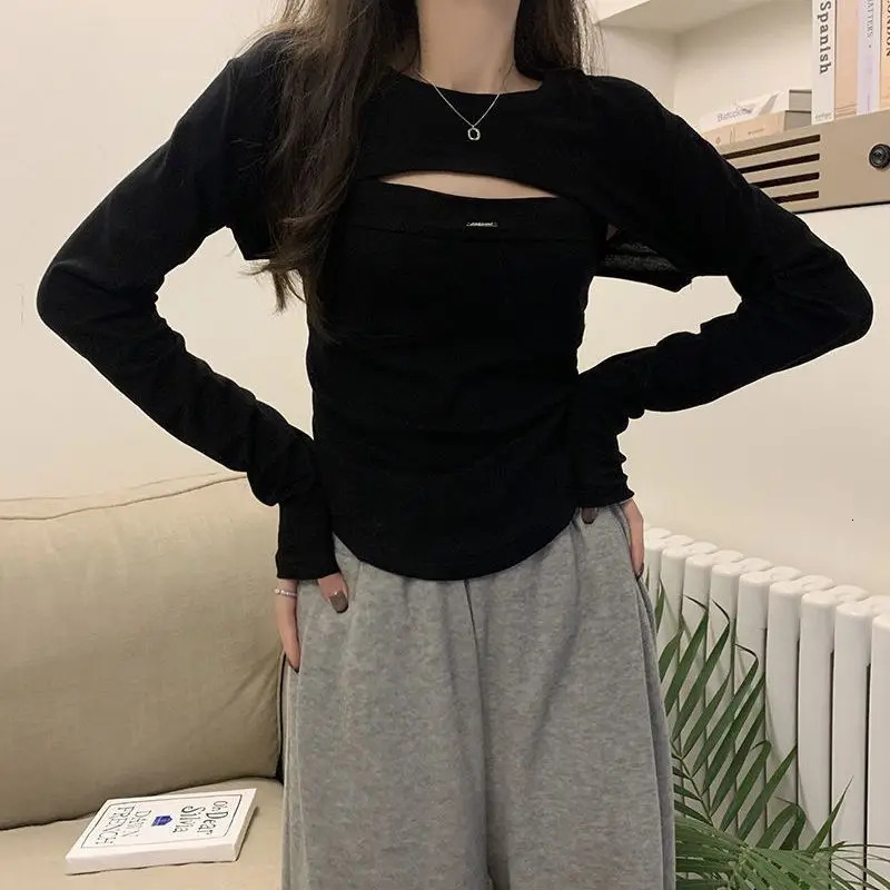 Spring Autumn Slim Solid Color T-Shirts Women High Street Casual Round Neck Long Sleeve Pullovers Elegant All-match Tops 240806