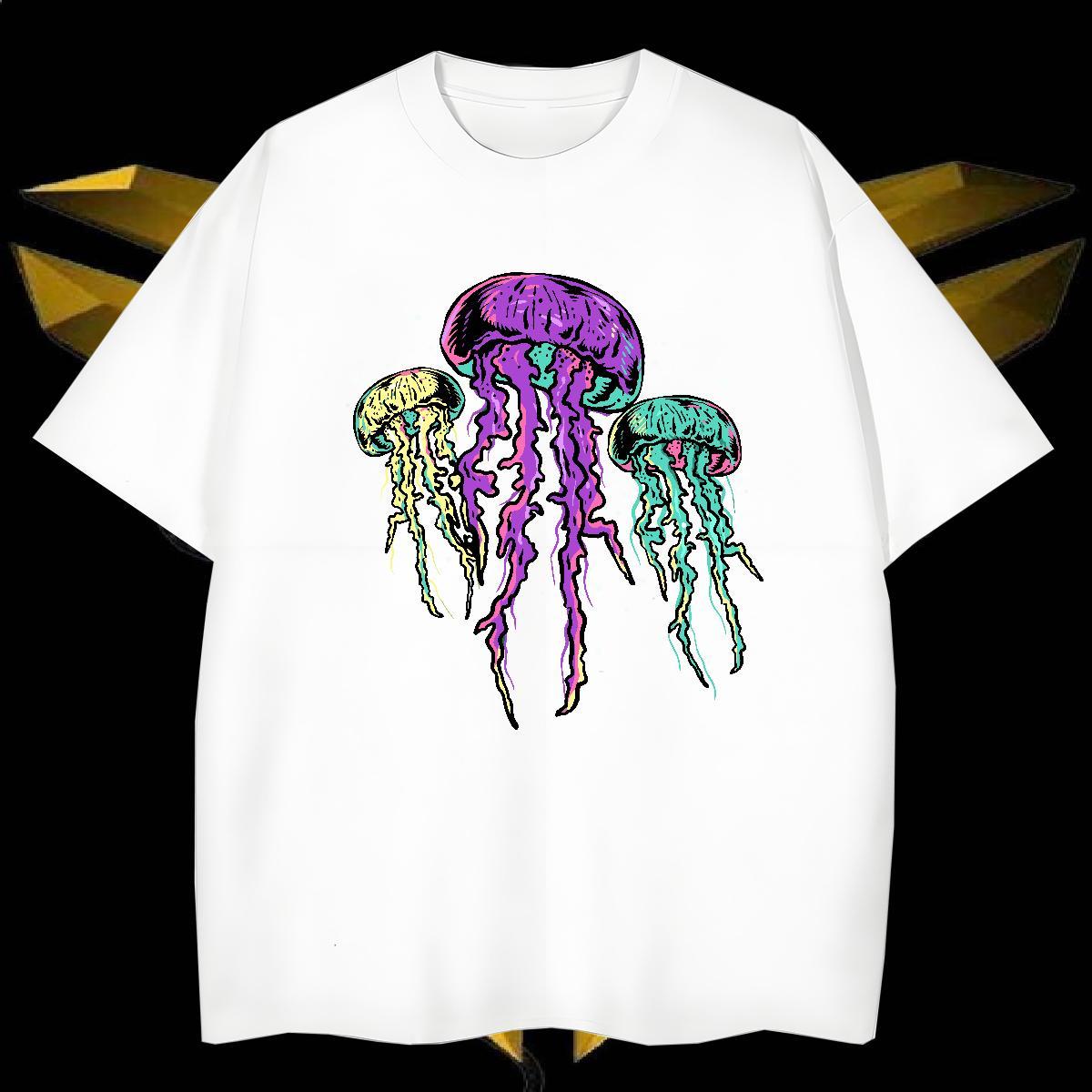 T Shirt For Man 230g 100% Cotton jellyfish Street Casual Crew Neck Breathable Graphic Couples T Shirts DIY Loose Fit Tops