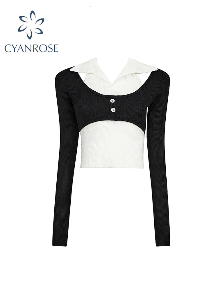 Women Patchwork T-shirt Harajuku Korean Y2k Tee Top Aesthetic Fashion Long Sleeve Vintage Polo-Neck T-shirts 2000s Clothes 240806