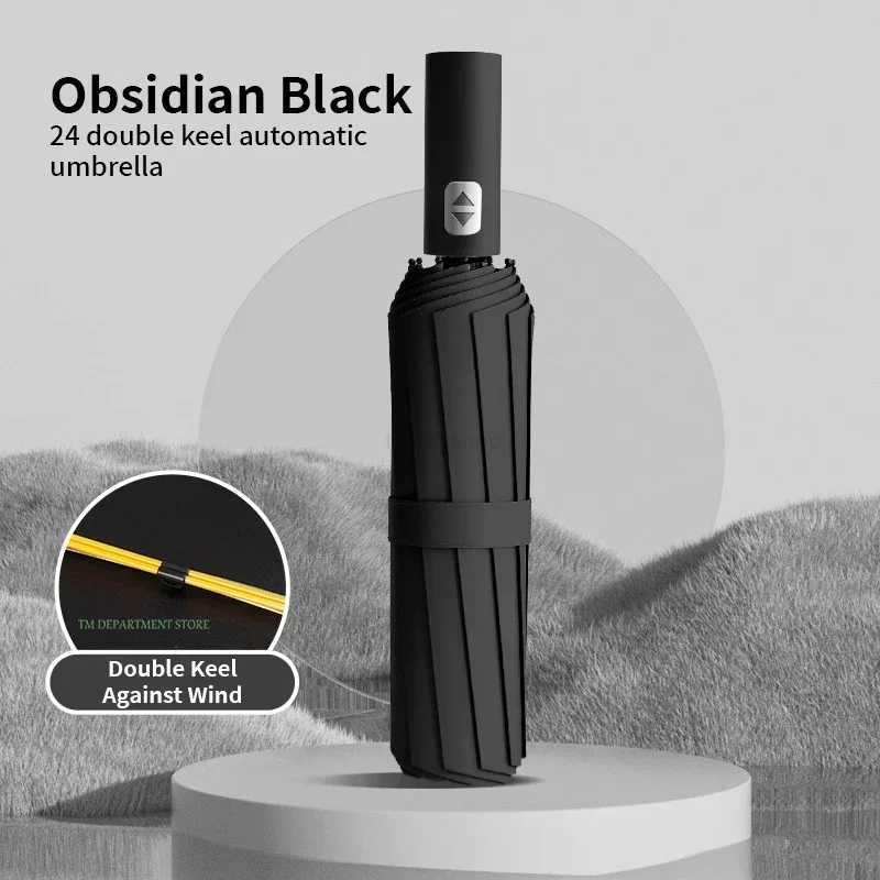 Automatic anti-UV Bone Windproof Fully Large Umbrella 3 Folding 24 Ribs Double Umbrella Travel Rain Men Women Umbrellas UPF