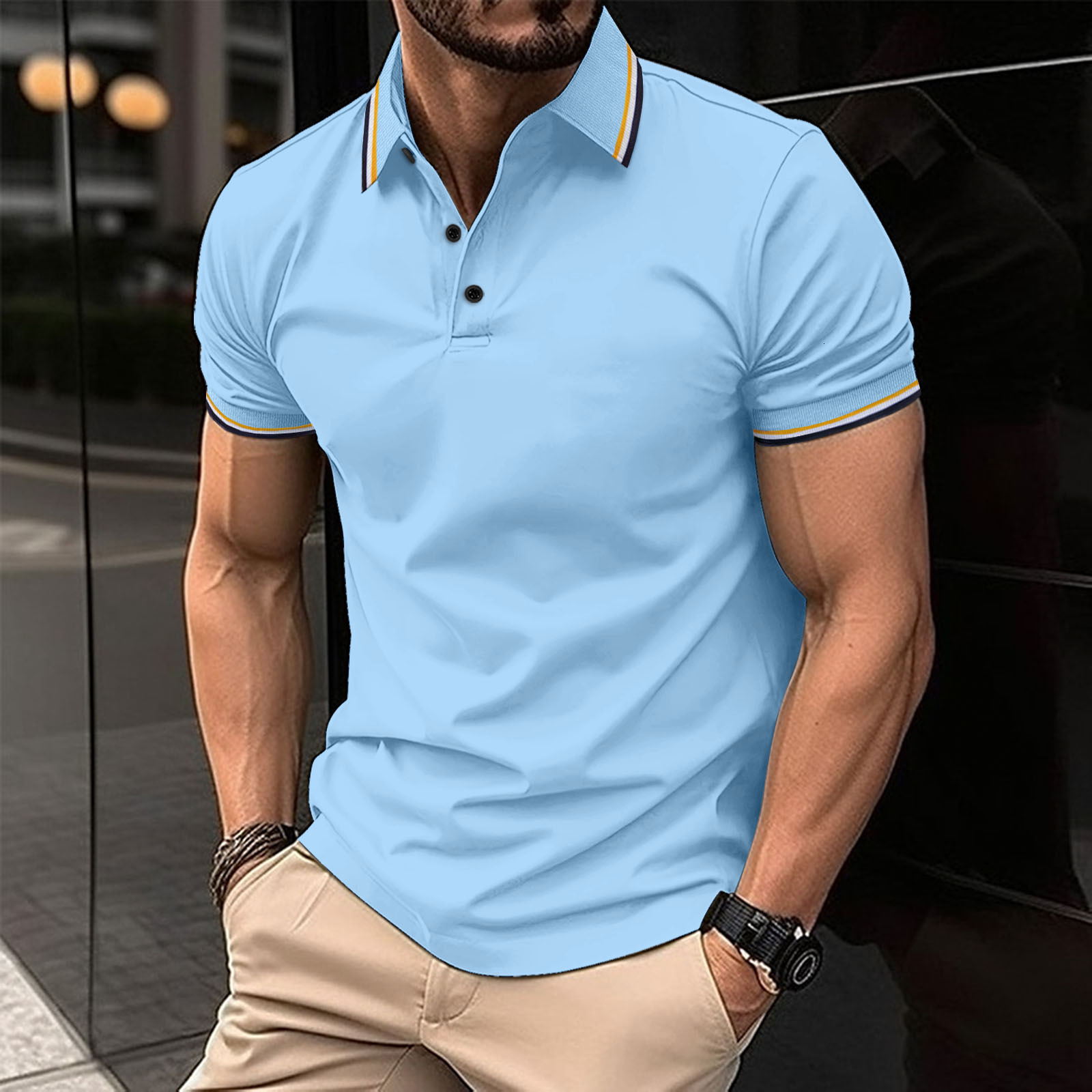 2023 New men's solid color short sleeved polo shirt with a lapel collar