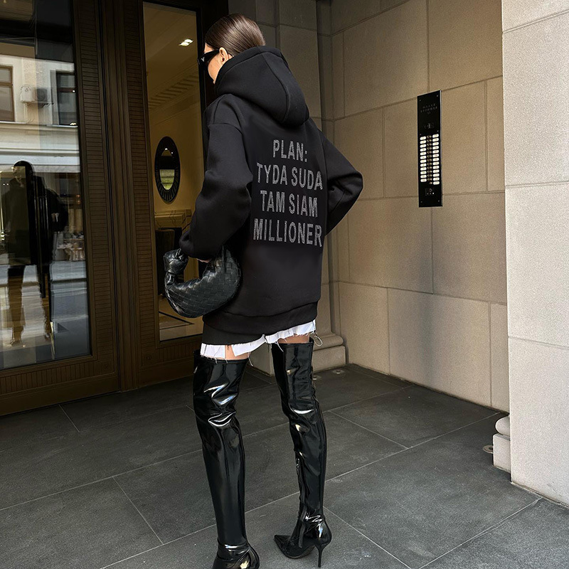 Autumn New Fashionable Trendy Casual Versatile Hot Diamond Pocket Hoodie Long Sleeve Top for Women
