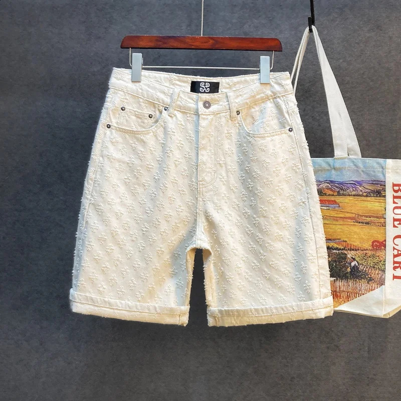Mens Five Point Pants 2024 Loose Straight Wide Leg Perforated Jacquard Highend Casual Denim Shorts 24