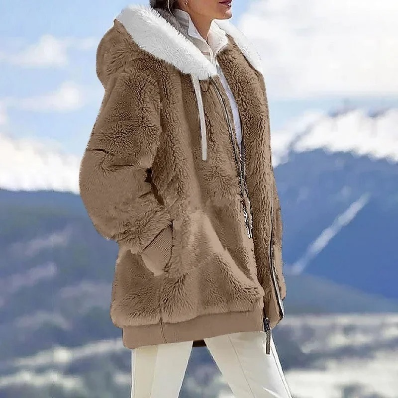 2024 Winter Fashion Women's Coat New Casual Hooded Zipper Clothes Cashmere Women Fleece Jacket Solid Color Ladies CoatsF86#35