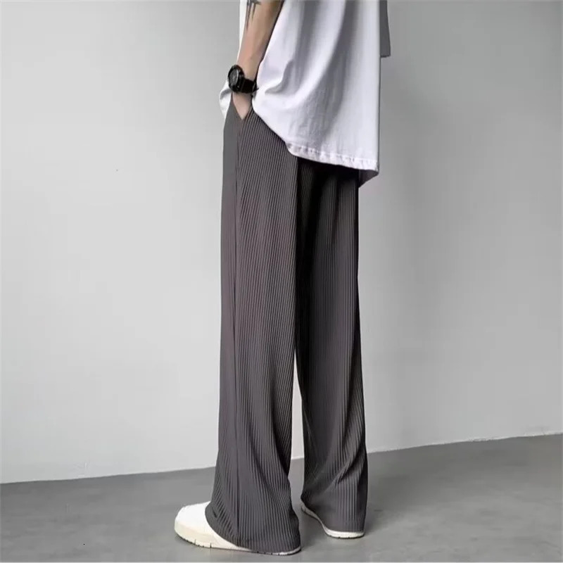 Summer Texture Straight Pants For Men Korean Fashion Baggy Wideleg Trousers Casual Drape Pleated Striped Y2K Pantalones Hombre 240806
