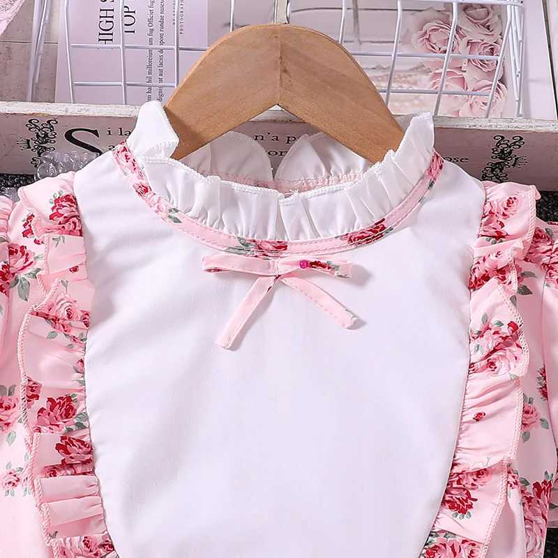 Girls Summer Dress New Retro Pink Cute Flower Retro Printed Lace Princess Girls Dress Fashion 8-12 Year Old Childrens Daily Casual ClothingW240720