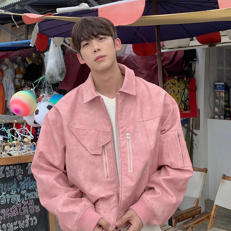 Mens Cropped PU Leather Jacket Fashion Turn-down Collar Gradient Color Retro Coat Zipper Mens Motorcycle Outwear Spring Pink 240806