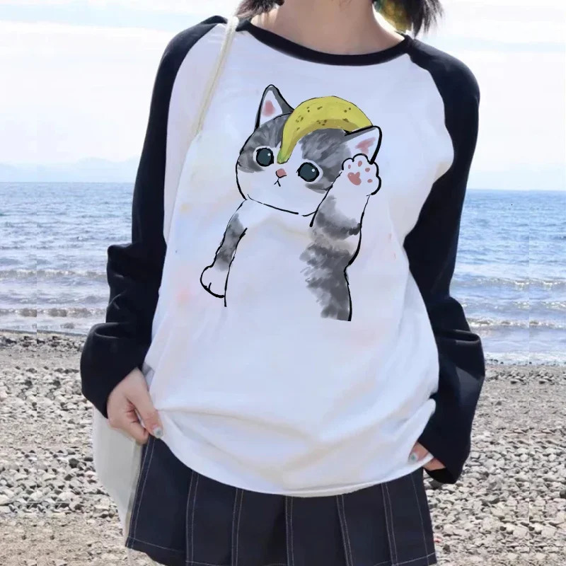 90s Y2k T-shirt Long Sleeve Funny Cute Cat Shirt Women Cartoon T Shirt Harajuku Graphic Ulzzang Tshirt Aesthetic Top Tee Female 240806