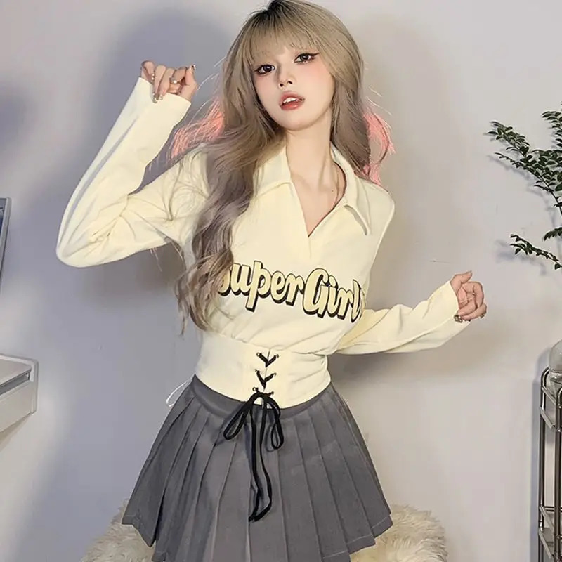 Sweet Short Lace T-shirt Spring/Summer Style Polo Neck Long Sleeve Solid Letter Printing Trend Top T-shirt Fashion Y2K Womens Wear 240827