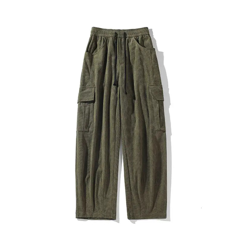 American Vintage Autumn Corduroy Casual Work Pants Mens Solid Elastic Waist Pocket Patchwork Drawstring Loose Straight Trousers 240806