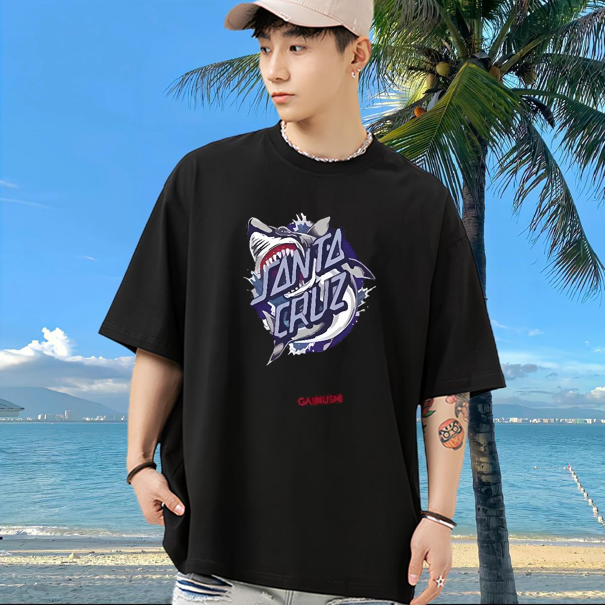 Fashion Design Men T Shirts 230g Pure Cotton shark Street wear Hip Hop Tees Shirts Crew Neck Breathable Designer Men Tees Black Oversized