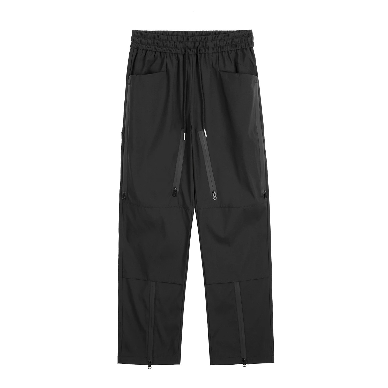 Street Functional Relaxed Fit Cargo Straight Leg Pants Y2k Baggy Waterproof Adhesive Zipper Up Casual Black Trousers Men 240806