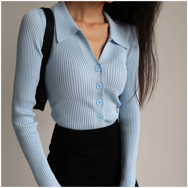 Women Lapel Slim Slimming Tops Ladies Hollow Buttons Sexy V Neck Long Sleeve POLO Neck Knit Cardigan Sweater Women 240806