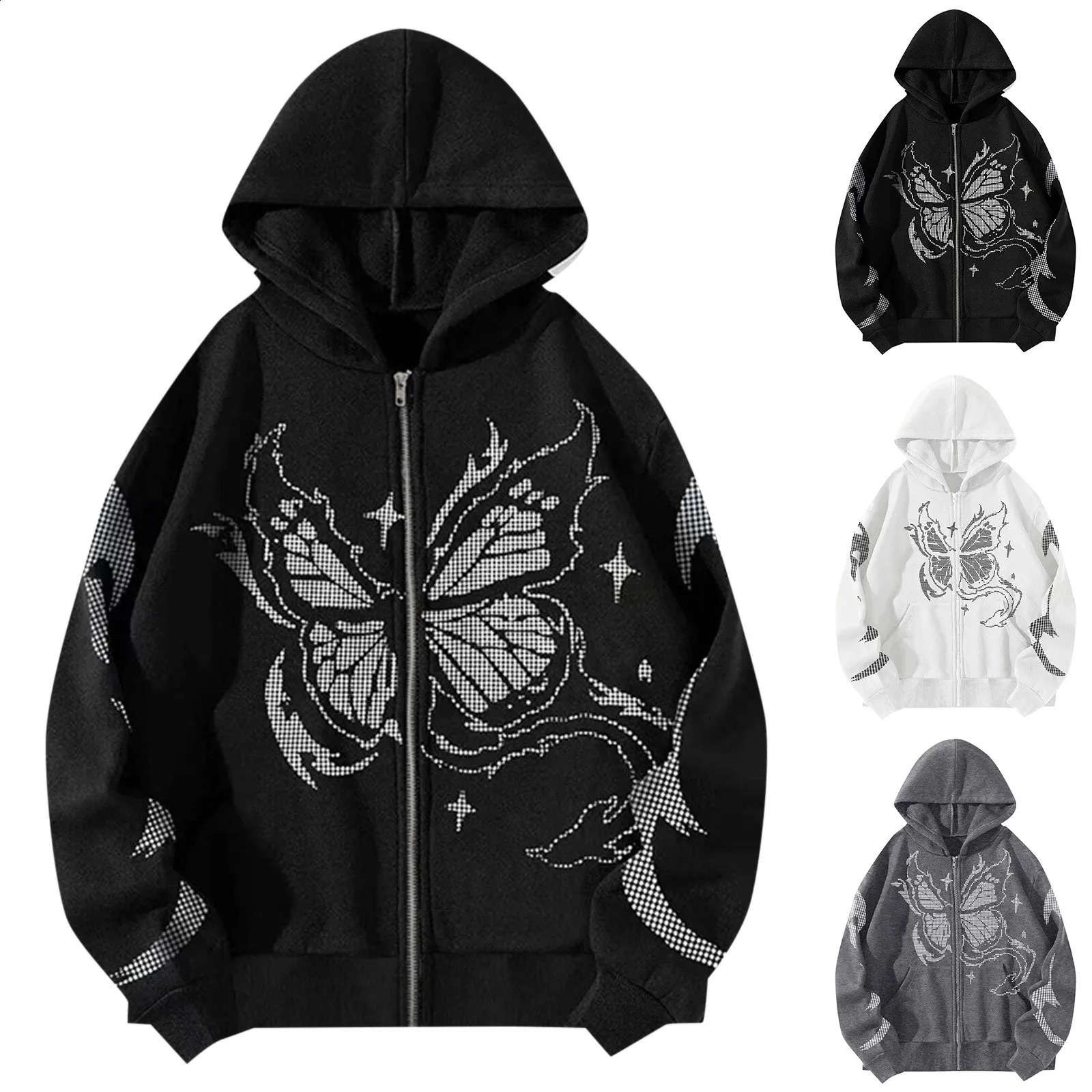 Y2k Women Gothic Black Zip Up Oversize Harajuku Hooded Sweatshirts Stitch Loose Lovers Wear Hoodie Autumn Winter 240806