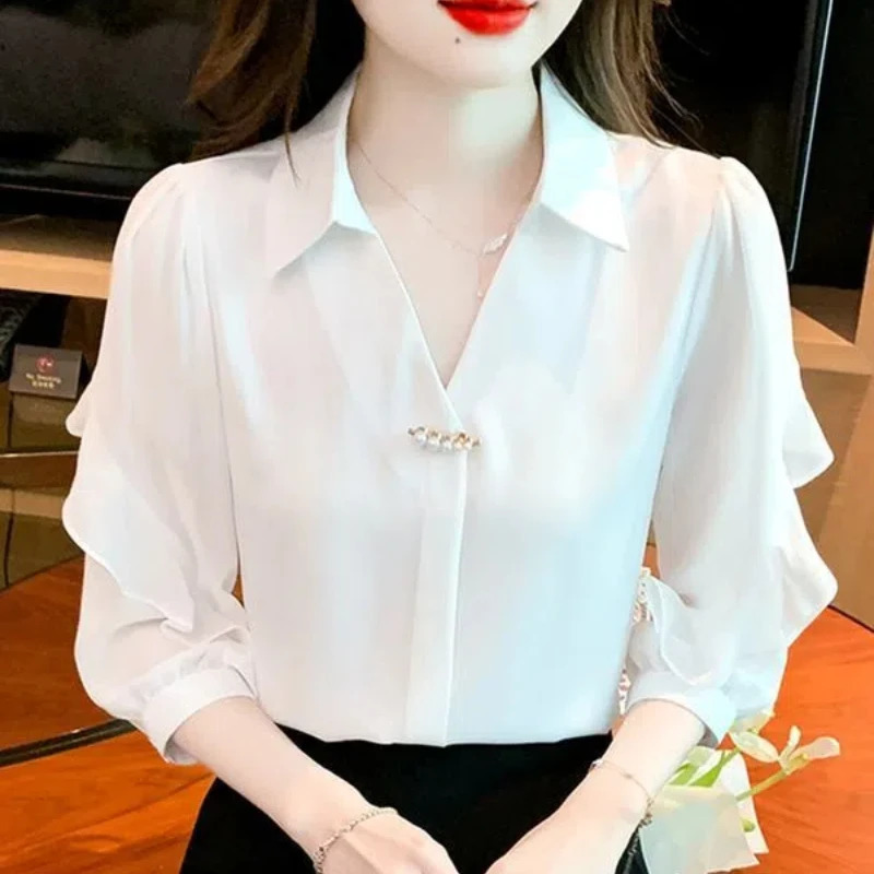 Womens Solid Color Rivet Lantern Long Sleeve Chiffon White Cardigan Shirt Formal Spring Summer Clothing Turn-down Collar Tops 240806