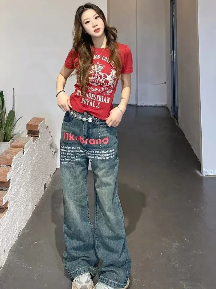Fashion printed letters high waist jeans womens Y2K street hip-hop retro loose all-match button straight wide-leg pants men 240806