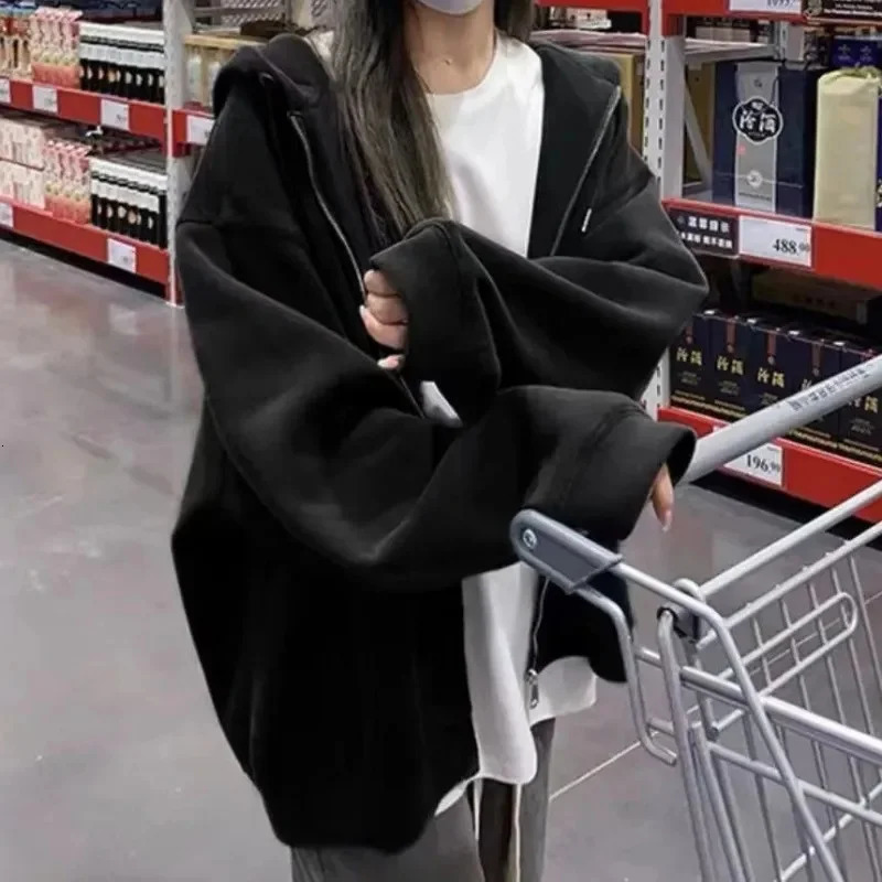 Women Hoodies Autumn Retro Solid Color Zip Up Oversized Sweatshirts Harajuku Long Sleeve Hooded Jackets Coat 240812