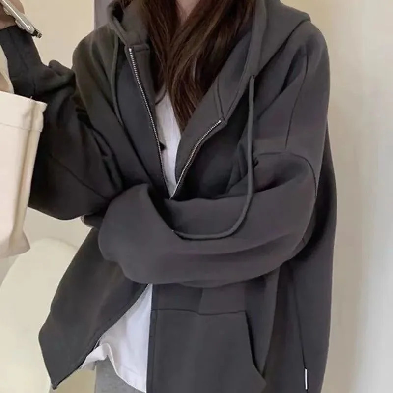 Women Hoodies Autumn Retro Solid Color Zip Up Oversized Sweatshirts Harajuku Long Sleeve Hooded Jackets Coat DF4963 240806