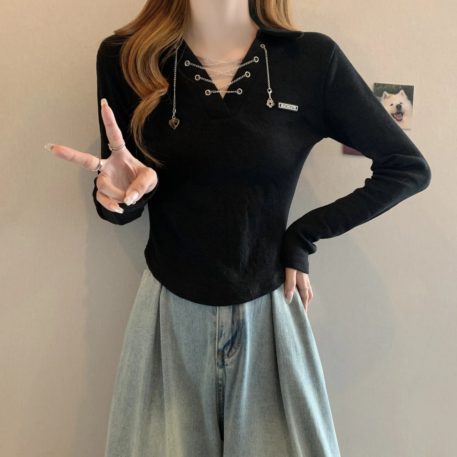 Fashion Womens Autumn Long Sleeve Solid Color Chain Polo Neck Knitted Ultra Thin Black T-shirt Kpop Y2k Top Harajuku 240827