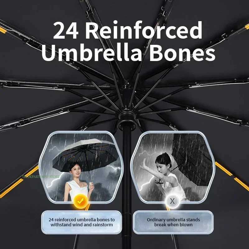 Automatic anti-UV Bone Windproof Fully Large Umbrella 3 Folding 24 Ribs Double Umbrella Travel Rain Men Women Umbrellas UPF