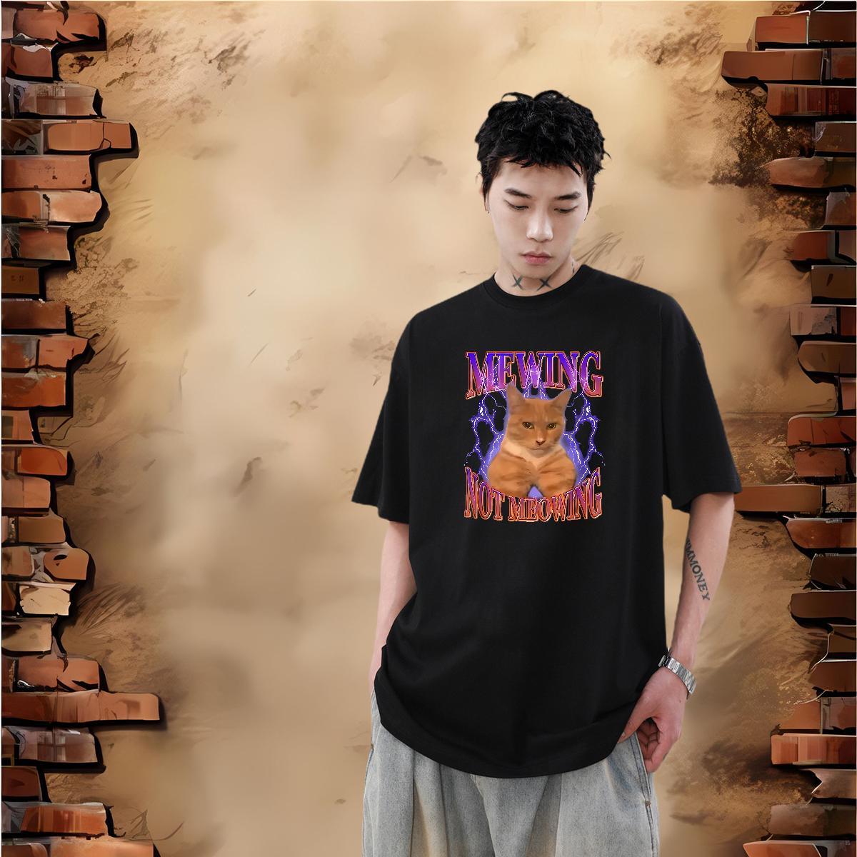 New T-Shirts 100% Cotton 230g cat High Street Hip Hop Tops Breathable Comfortable Tshirts Cartoon Print