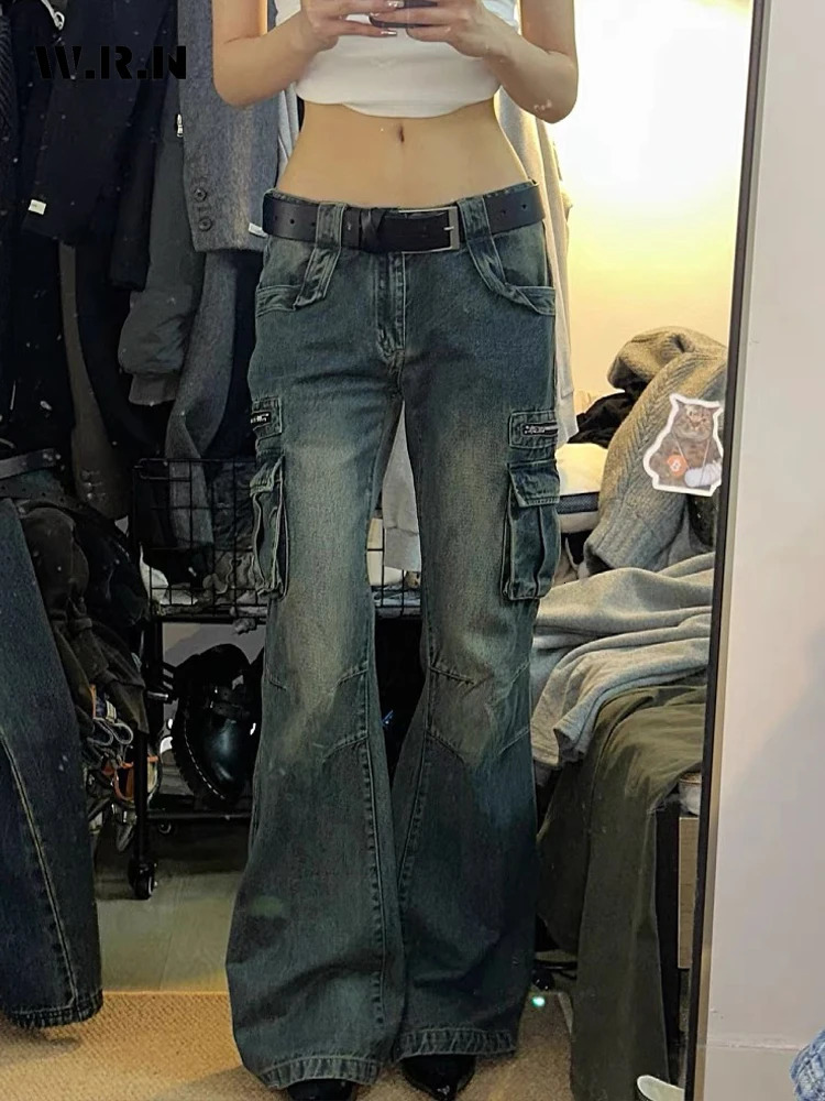 Cargo Pants Women Korean Fashion Big Pocket Femme Flare Pants Spring Summer Casual Mopping Denim Loose Jeans Trousers 240806