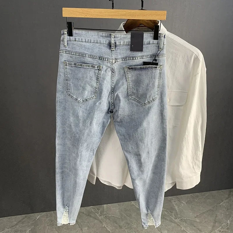 Trendy Ripped Light-colored Jeans For Men Slimming Cropped Pants Elastic Spring Summer Thin Style Casual Korean Version 240806
