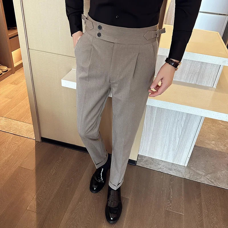 Autumn Winter High Waist Business Dress Pants Men Casual Belt Design Slim Suit Formal Wedding Social Party Male Trousers 240806